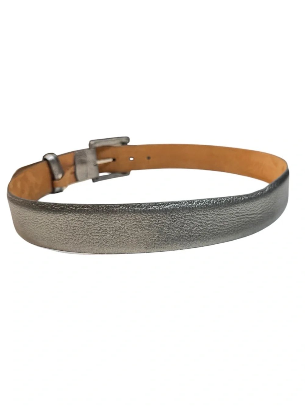 W. Kleinberg Silver Metallic Leather Wide Statement Belt Rectangle Buckle USA S